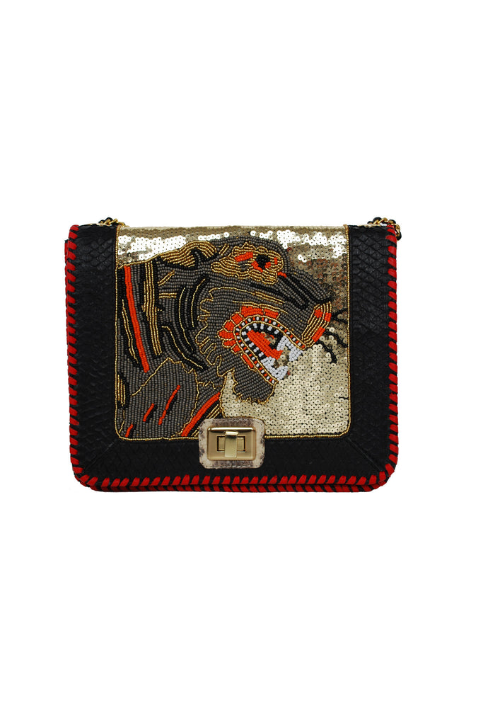 Hand embellished and Snakeskin Classic Angel Jackson Tiger Satchel in Black