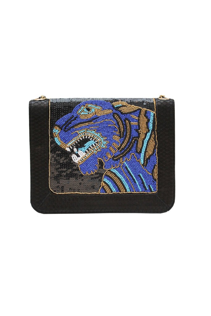 Iconic Angel Jackson Tiger satchel in Black snakeskin with Blue Tiger Hand beading