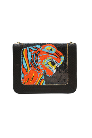 Iconic Angel Jackson Tiger satchel in Black snakeskin with Red and Turquoise Tiger Hand beading