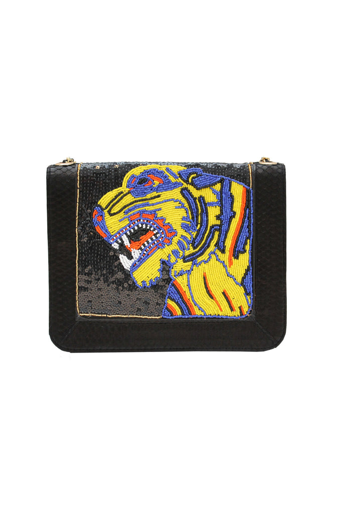 Iconic Angel Jackson Tiger satchel in Black snakeskin with Yellow and Blue Tiger Hand beading