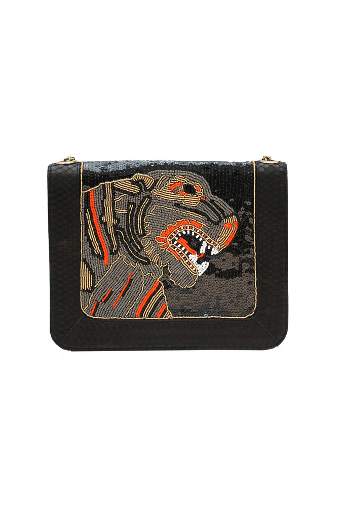 Iconic Angel Jackson Tiger satchel in Black snakeskin with Grey and Gold Tiger Hand beading