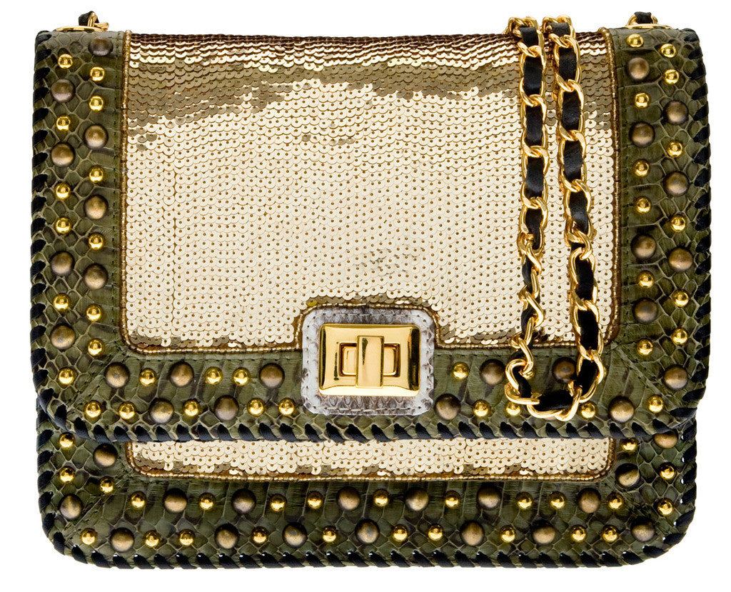 STUDDED SEQUIN SATCHEL IN CAMO GOLD