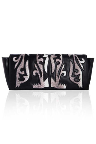 black designer leather clutch with snakeskin detail 