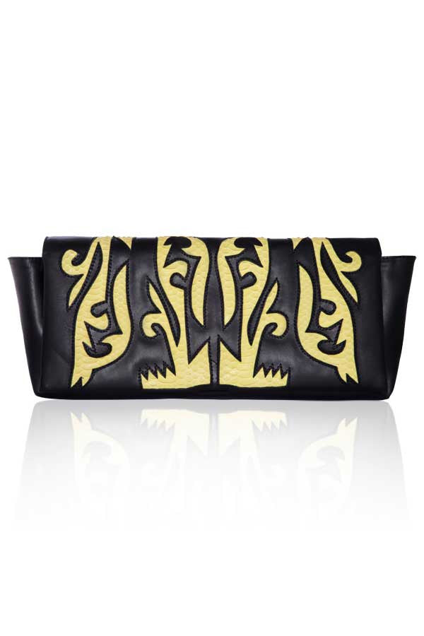 BLACK LEATHER CLUTCH WITH YELLOW SNAKESKIN DETAIL