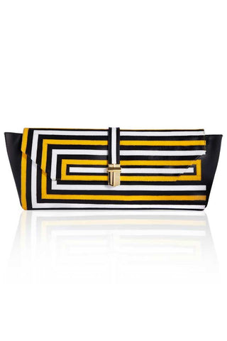 OVERSIZED TWO TONE LEATHER CLUTCH WITH BLACK, YELLOW AND WHITE APPLIQUE STRIPE DETAIL - BAGUETTE