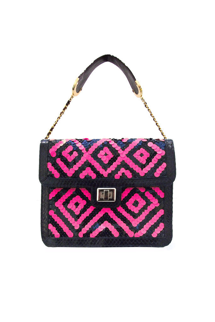 Neon Pink Sequin Satchel with Angel Jackson Signature Gold Chain and Clasp