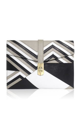 CHEVRON ENVELOPE CLUTCH BEIGE/BLACK/WHITE LEATHER APPLIQUE