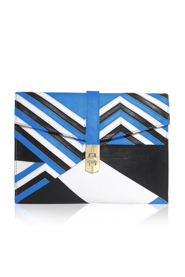 CHEVRON ENVELOPE CLUTCH BLUE/BLACK/WHITE LEATHER APPLIQUE