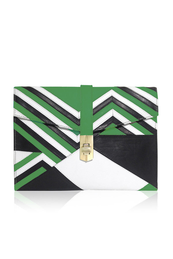 CHEVRON ENVELOPE CLUTCH GREEN/BLACK/WHITE LEATHER APPLIQUE