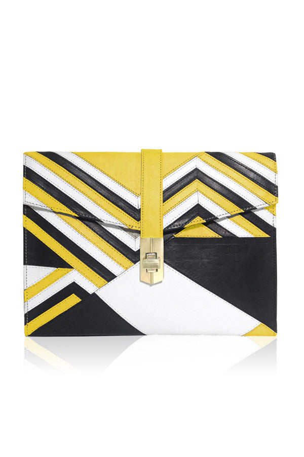 CHEVRON ENVELOPE CLUTCH YELLOW/BLACK/WHITE LEATHER APPLIQUE