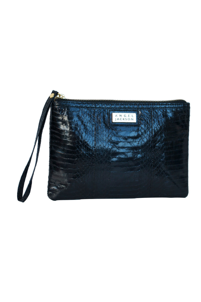 Classic Angel Jackson Black Snakeskin Pouch with Gold logo 