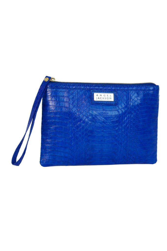 Classic Angel Jackson Bright Blue Snakeskin Pouch with Gold logo 