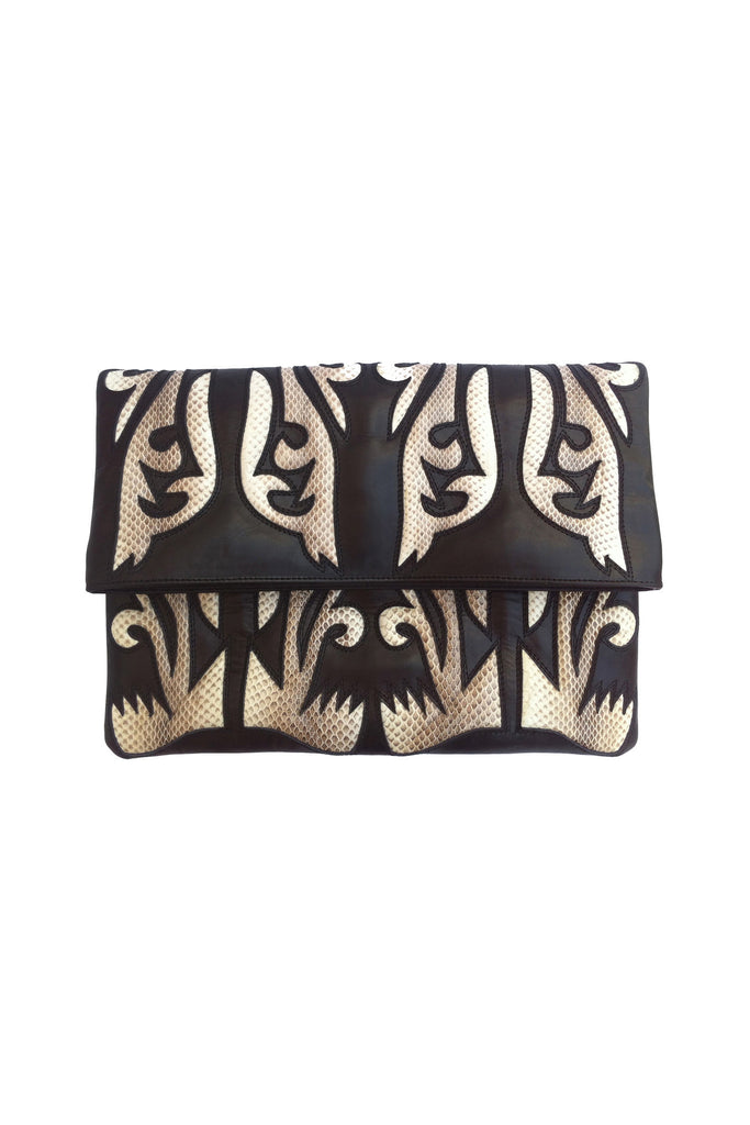 Intricate cutwork leather and snakeskin folding clutch