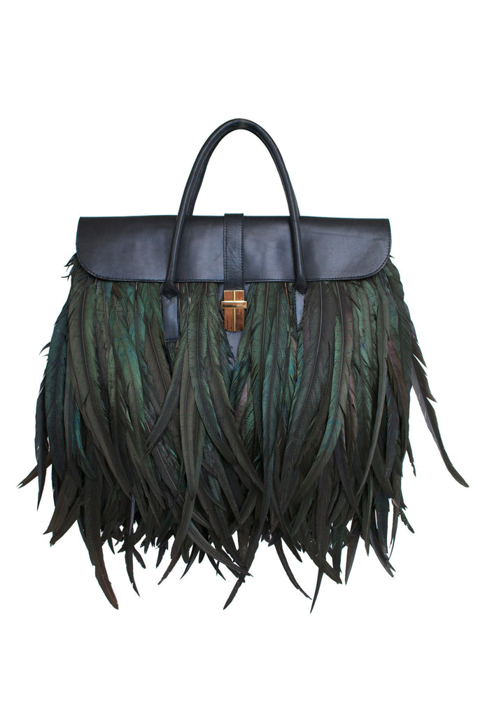 Statement Angel Jackson Feather Laptop Bag in Black leather and striking black feathers