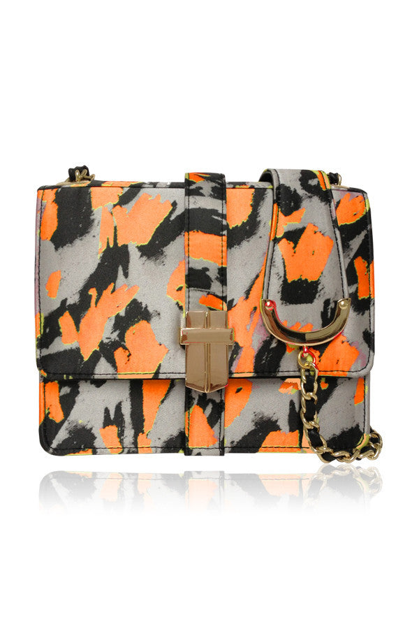 HAND PRINTED SILK SATCHEL ORANGE ABSTRACT LEOPARD PRINT