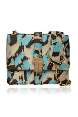 HAND PRINTED SILK SATCHEL TEAL ABSTRACT LEOPARD PRINT