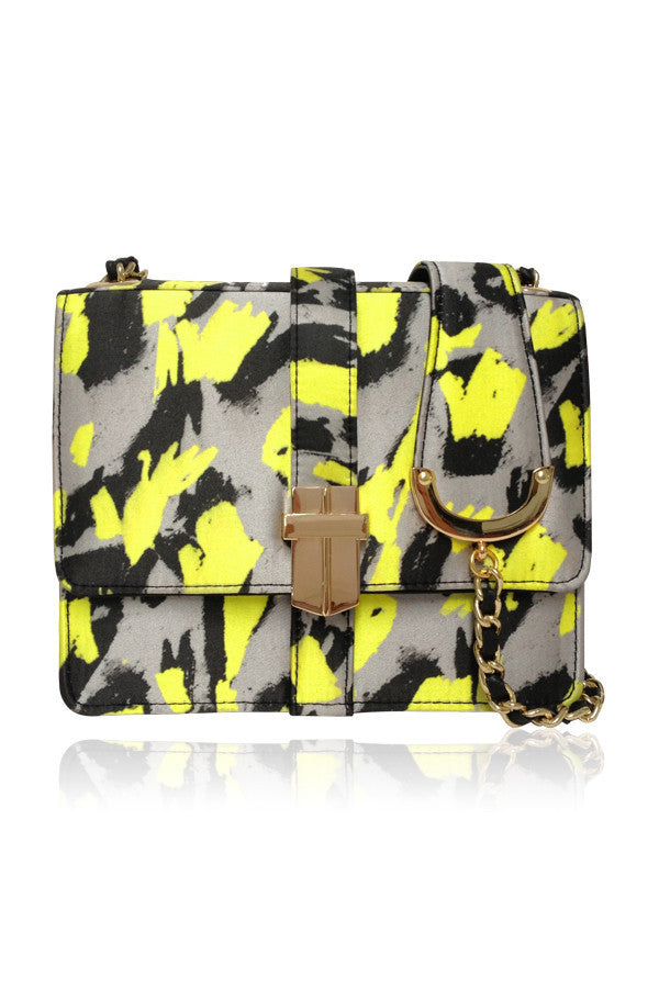 HAND PRINTED SILK SATCHEL YELLOW ABSTRACT LEOPARD PRINT