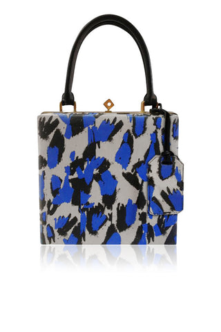 ANGEL JACKSON HAND PRINTED SILK STARLET FRAME SATCHEL BLUE ABSTRACT LEOPARD PRINT