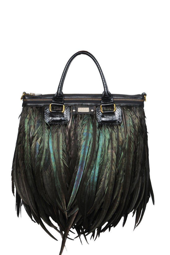 Statement Angel Jackson Black Feather Laptop Bag with leather handles and Gold logo