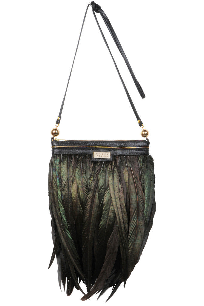 The Perfect Festival Accessory || Black Feather Cross Body Bag with Gold Logo 