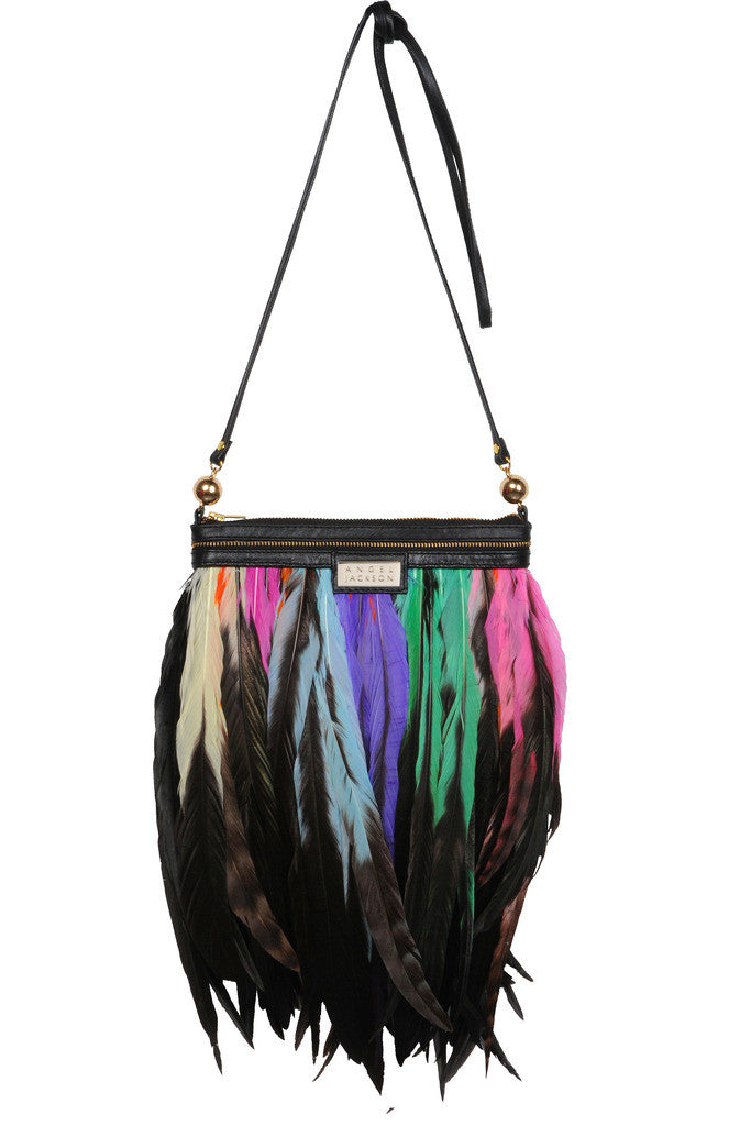 The Perfect Festival Accessory || Bright Feather Cross Body Bag with Gold Logo 