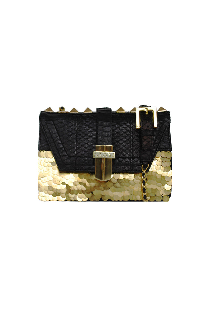 Signature Angel Jackson Mini Bag in Black Matte Snakeskin and hand embellished Gold Paillettes