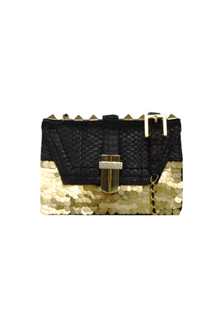 Signature Angel Jackson Mini Bag in Black Matte Snakeskin and hand embellished Gold Paillettes