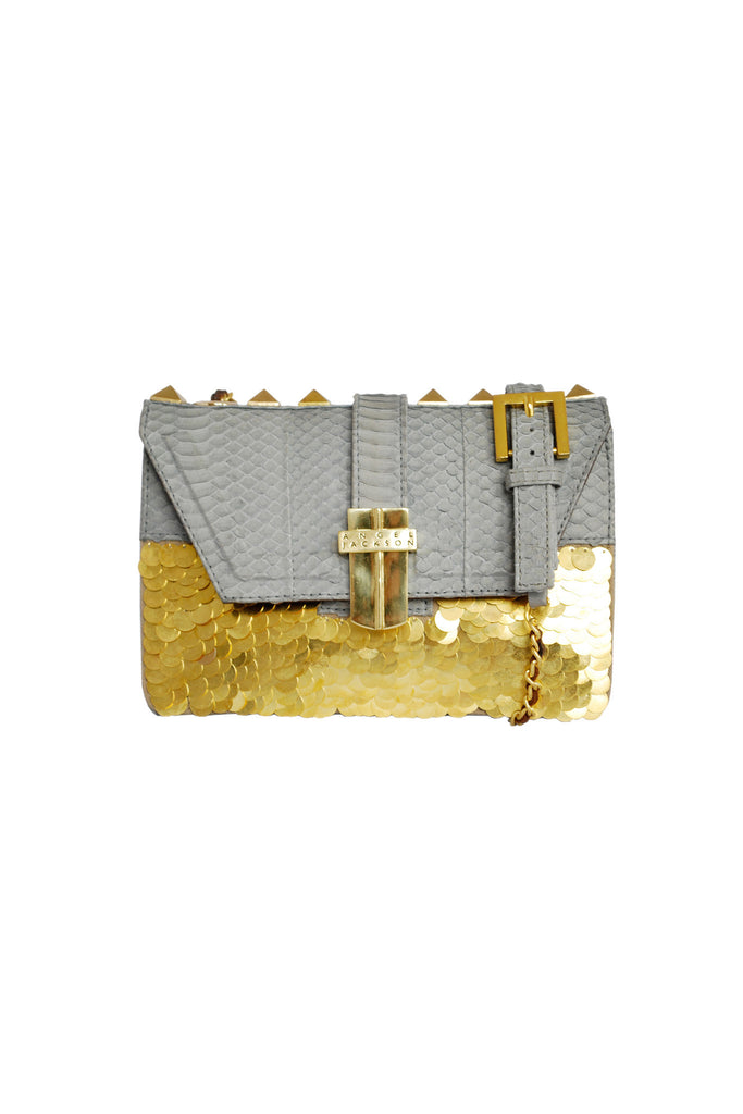 Signature Angel Jackson Mini Bag in Grey Matte Snakeskin and hand embellished Gold Paillettes