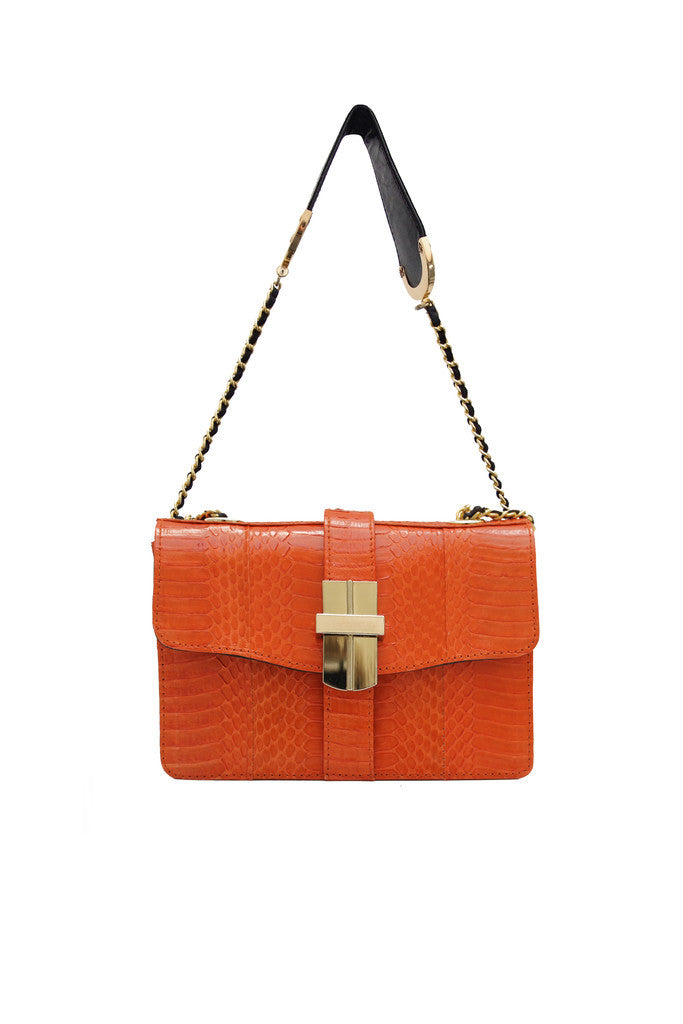 Signature Angel Jackson Mini satchel in Orange snakeskin with gold hardware