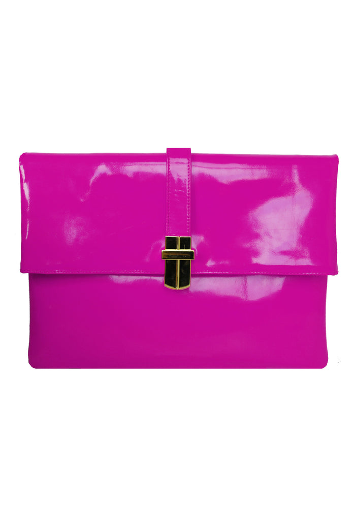 Classic Angel Jackson Folding clutch in Neon Pink Patent Leather and Gold clasp