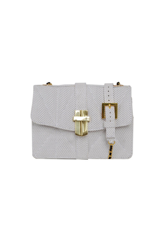 Signature Angel Jackson Mini Bag in Quilted White Perforated leather and gold hardware