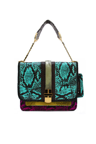 Angel Jackson Signature Satchel in Aqua Snakeskin with lizard details and gold hardware