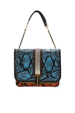 Angel Jackson Signature Satchel in Blue Snakeskin with lizard details and gold hardware