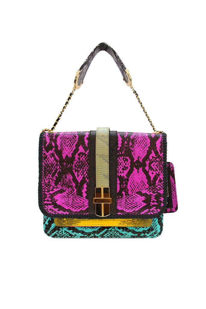 Angel Jackson Signature Satchel in Bright Pink Snakeskin with lizard details and gold hardware