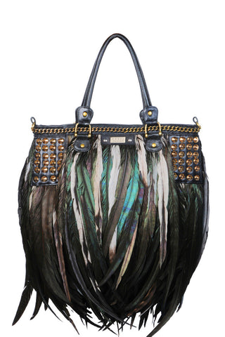 Statement Angel Jackson Black Feather Tote with luxe Gold Stud and Chain detail