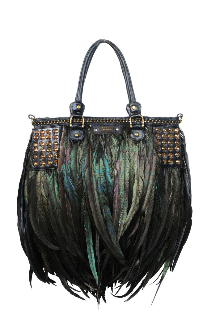 Statement Angel Jackson Black Feather Tote with luxe Gold Stud and Chain detail