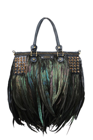 Statement Angel Jackson Black Feather Tote with luxe Gold Stud and Chain detail