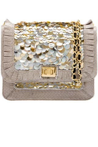 Iconic Angel Jackson Satchel in Light Grey snakeskin with hand embellished Mother of Pearl and Gold Pailettes