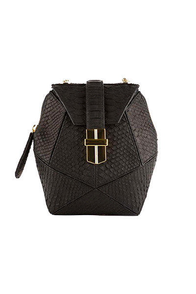 Black snakeskin and leather geometric evening bag and clutch