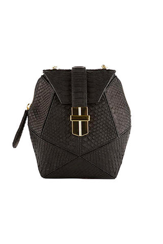 Black snakeskin and leather geometric evening bag and clutch