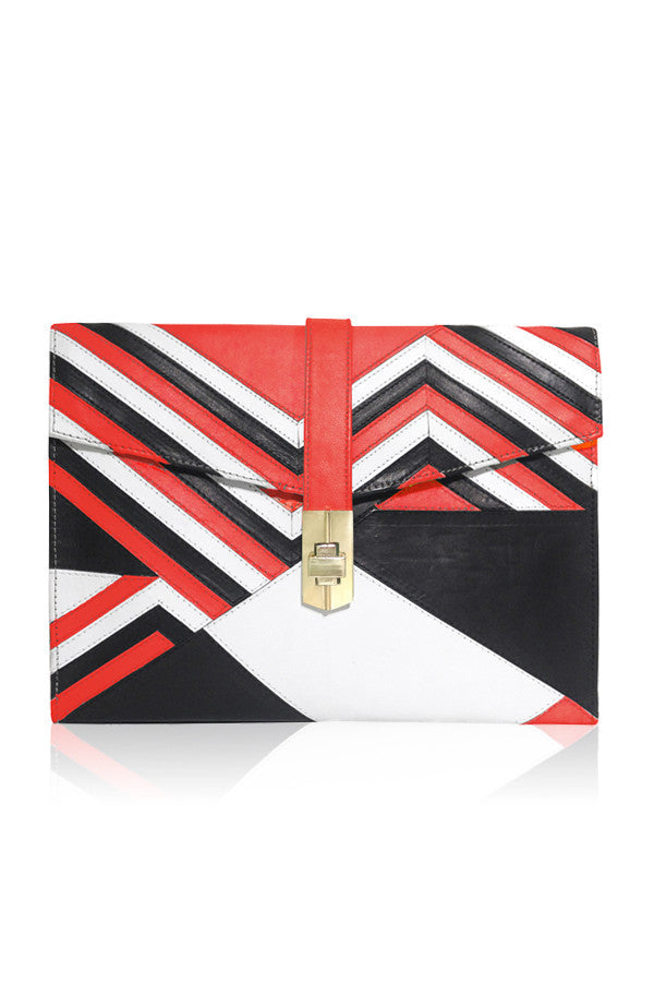 CHEVRON ENVELOPE CLUTCH RED/BLACK/WHITE LEATHER APPLIQUE