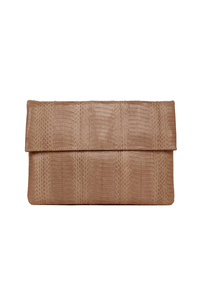 TAN LARGE FOLDOVER SNAKESKIN CLUTCH