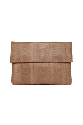TAN LARGE FOLDOVER SNAKESKIN CLUTCH