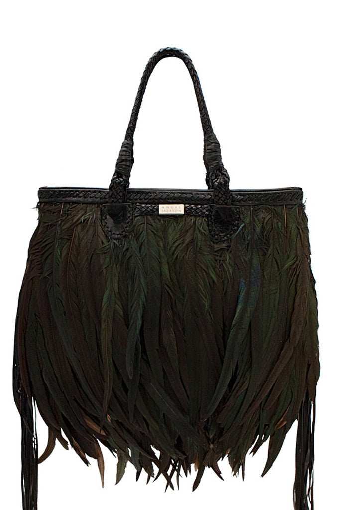 Statement Angel Jackson Black Feather Tote with leather fringing and Gold logo