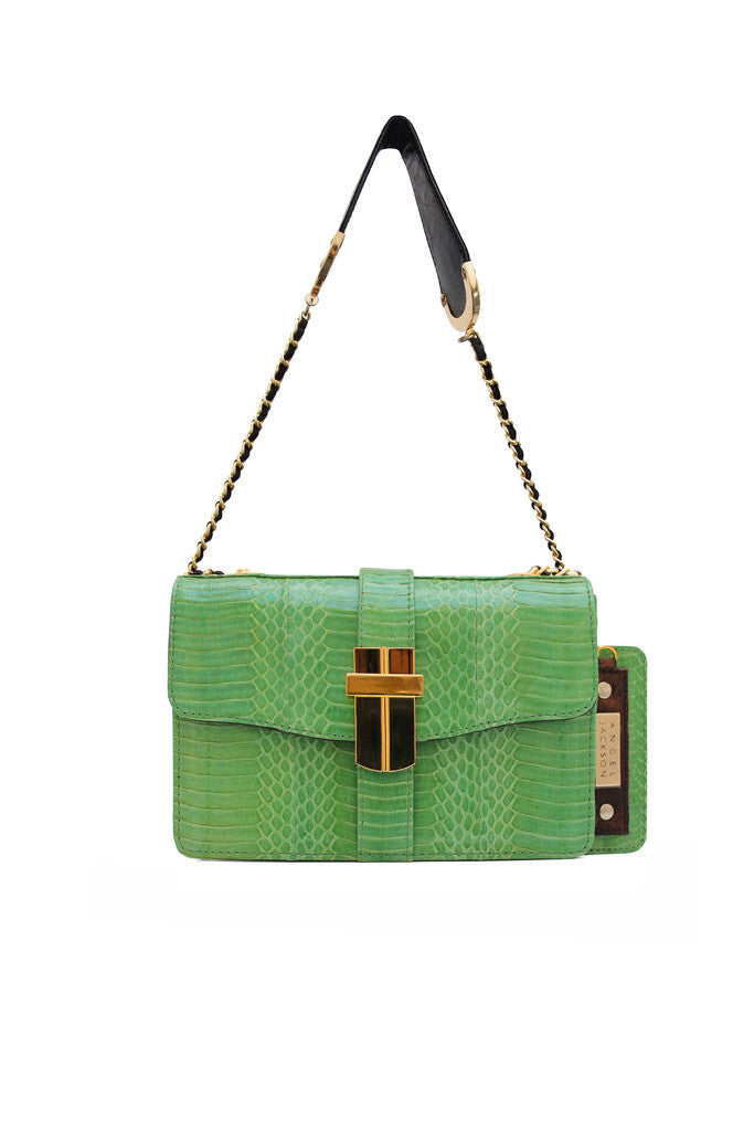 Signature Angel Jackson Mini satchel in Bright Green snakeskin with gold hardware