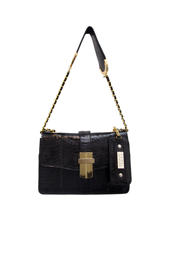 Signature Angel Jackson Mini satchel in Black snakeskin with gold hardware